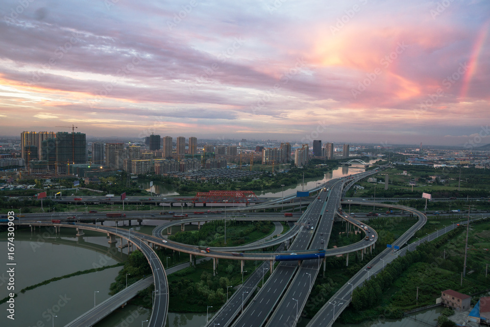 aerial view of tianjin skyline with flyover,China.