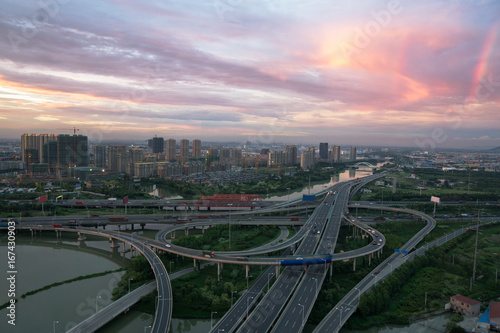 aerial view of tianjin skyline with flyover,China.