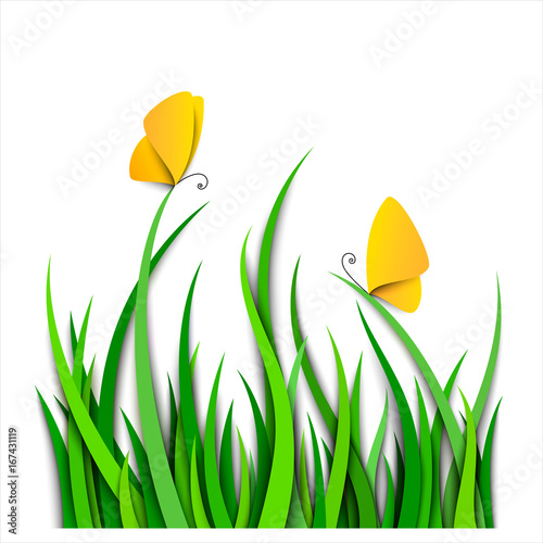 Green grass border with butterflies