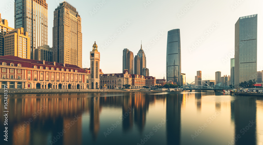 twilight view of waterfront downtown skyline,Tianjin,China.