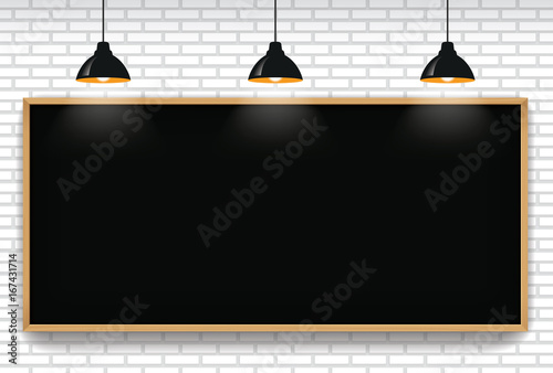Blank blackboard in white brick wall background with 3 hanging light