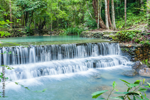 Jungle stream flowing into a small pool  with surrounding rain forest at Paeng Waterfall  Ko Pha Ngan  Thailand.