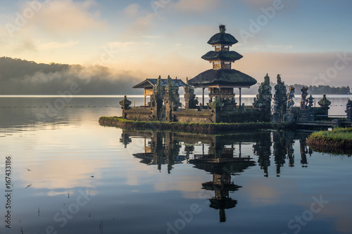 Pura Ulun Danu Bratan temple and reflection, landmark of Bali island, Indonesia