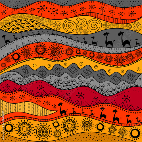 African hand-drawn ethno pattern, tribal background. It can be used for wallpaper, web page and others.  Vector illustration.