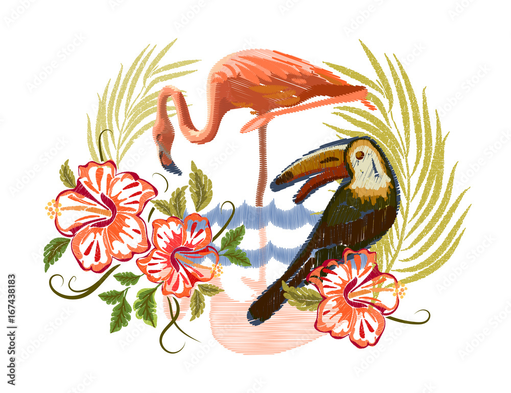 Obraz premium Tropical leaves. Exotic blossom Toucan and Flamingo Jungle arrangement. Floral Embroidered Pattern for Fabric. Embroidery tropical birds, Hawaii symbol hibiscus. EPS Vector illustration