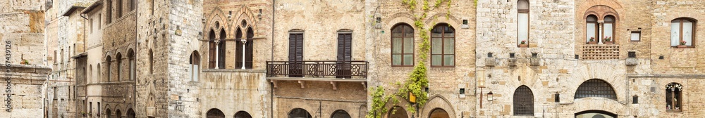 long panorama of windows in Tuscany houses in Italy