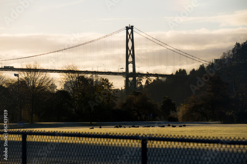 Footbal field with bridge in the bacground while sunrise