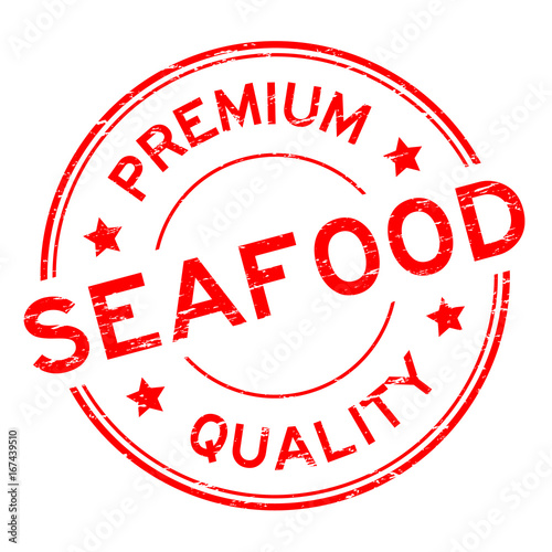 Grunge red premium quality seafood round rubber seal stamp on white background