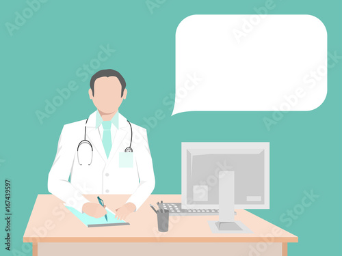 Doctor sitting at the desk in the office. To the right of doctors is a communication bubble. In bubble you can record your information.