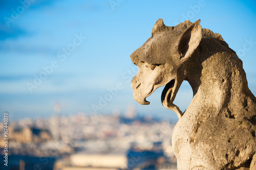 Gargoyle against blue sky and blurry city, Paris, France