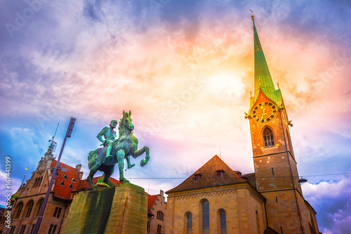 Hans Waldmann monument and Fraumunster Church, Zurich, Switzerland  photo