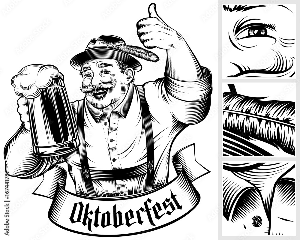Beer festival Oktoberfest. Man holding beer glass with foamy lager. The  thumbs-up gesture. Traditional German Bavarian clothes. A hat Trachtenhut,  pants Lederhosen. Vector monochrome ink hand drawing Stock Vector