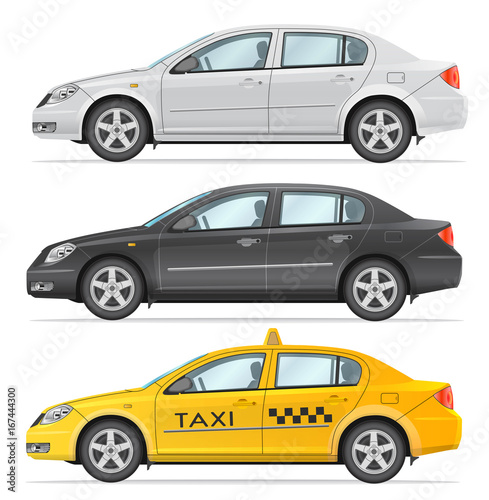 Fototapeta Naklejka Na Ścianę i Meble -  Set of vector business sedan and taxi. Black and White and Yellow colors. Side view isolated on white background. Photo realism