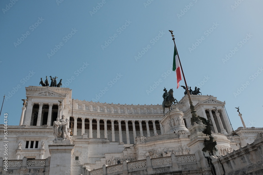 View of Altar of the Fatherland from Piazza Venezia in Rome, Italy. The monument is also known as National Monument to Victor Emmanuel II, designed in 1885 and completed in 1925