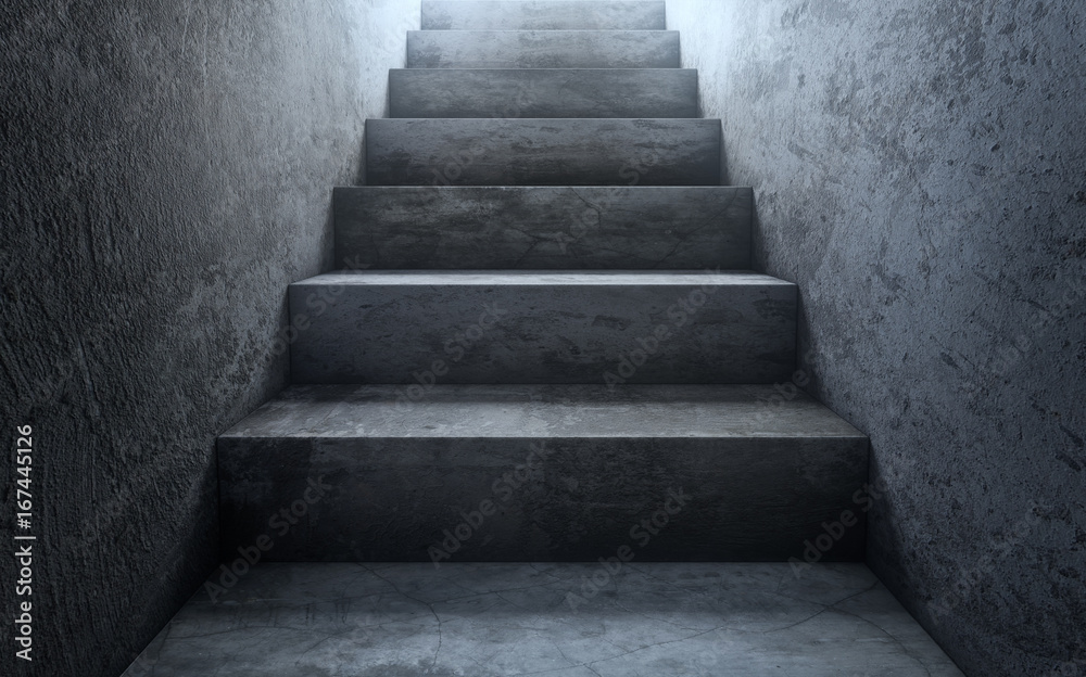 Old dirty concrete stairs to light.The way to success. 3d rendering - obrazy, fototapety, plakaty 