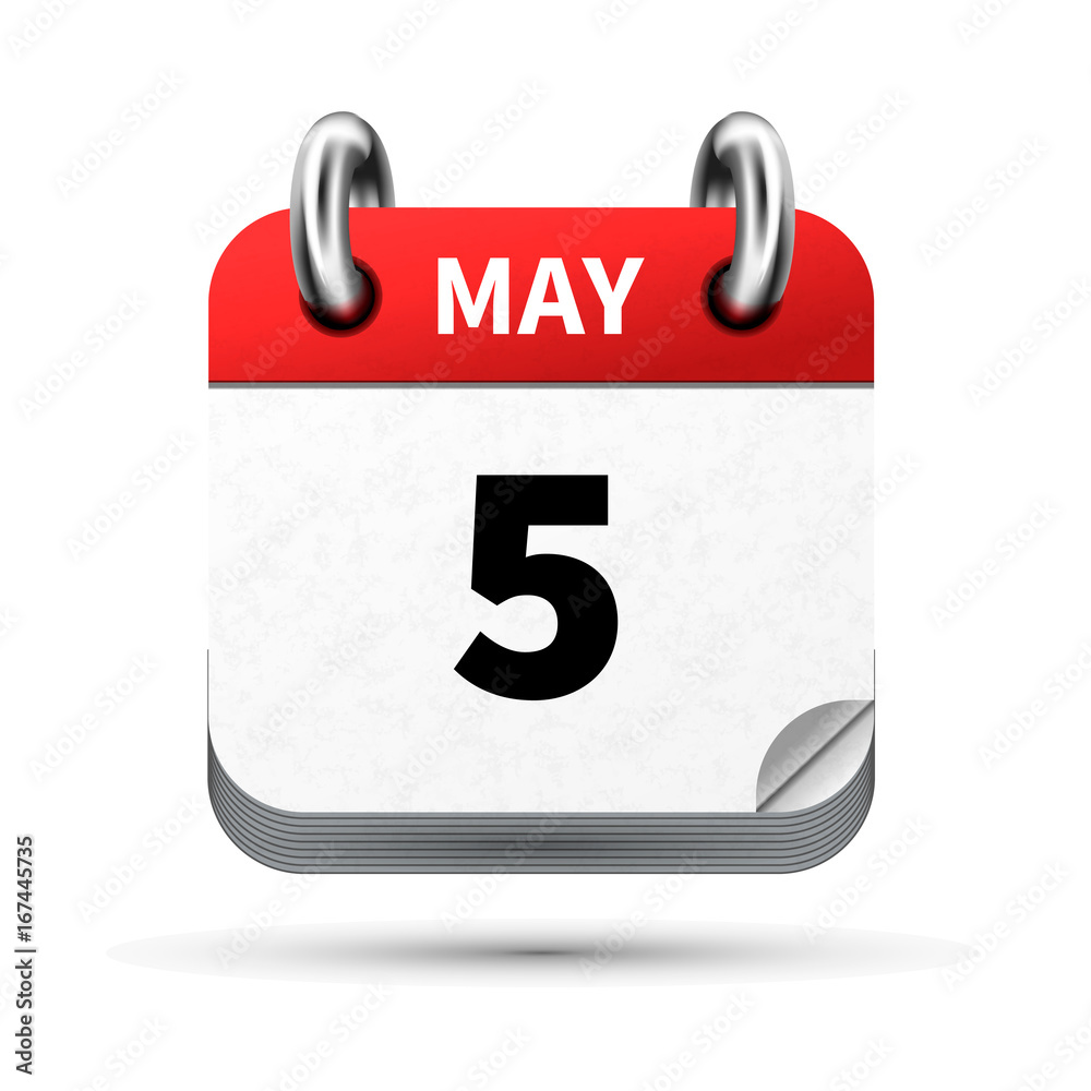 Bright realistic icon of calendar with 5 may date isolated on white Bright realistic icon of calendar with 5 may date isolated on white