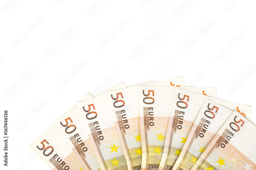 Half circle made with banknotes 50 euro european money on white background
