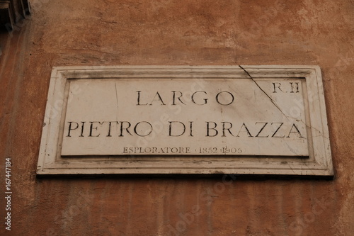 Rome, Italy - August 9, 2017: Largo Pietro Di Brazzà street name sign, located in Trevi district