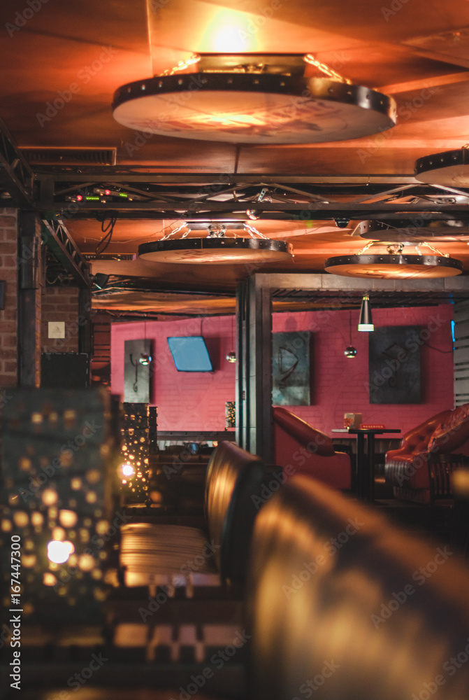 Fototapeta premium Elements of the interior of a cozy cafe. Good mood. Blurred background. Interior decor