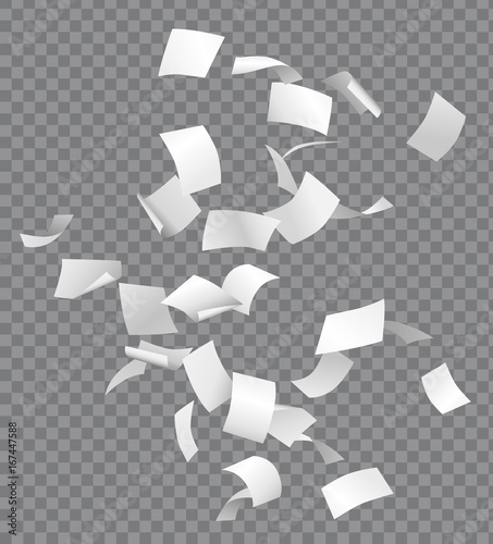 Group of flying or falling vector white papers isolated on transparent background photo