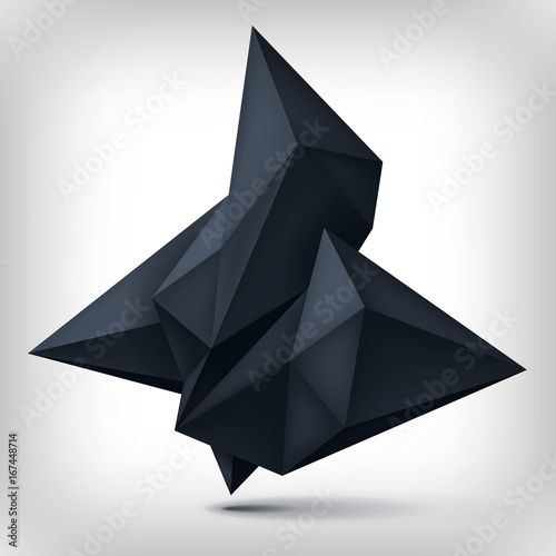 Volume origami geometric shape, 3d levitation black crystal, creative low polygons dark object, vector design form