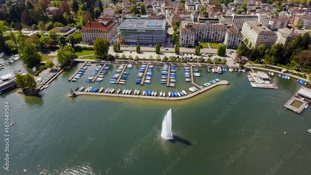 Fountain And Luxury Marina Boats In Zurich Switzerland Aerial View