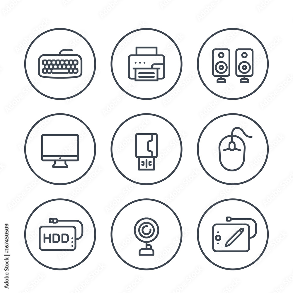 Computer peripherals line icons on white Computer peripherals line icons on white