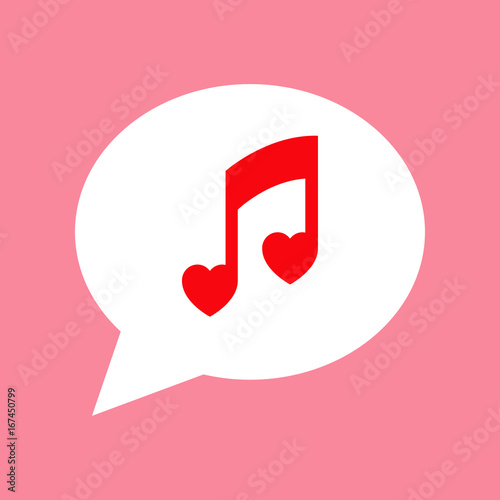 Icono plano mensaje nota musical corazones en fondo rosa