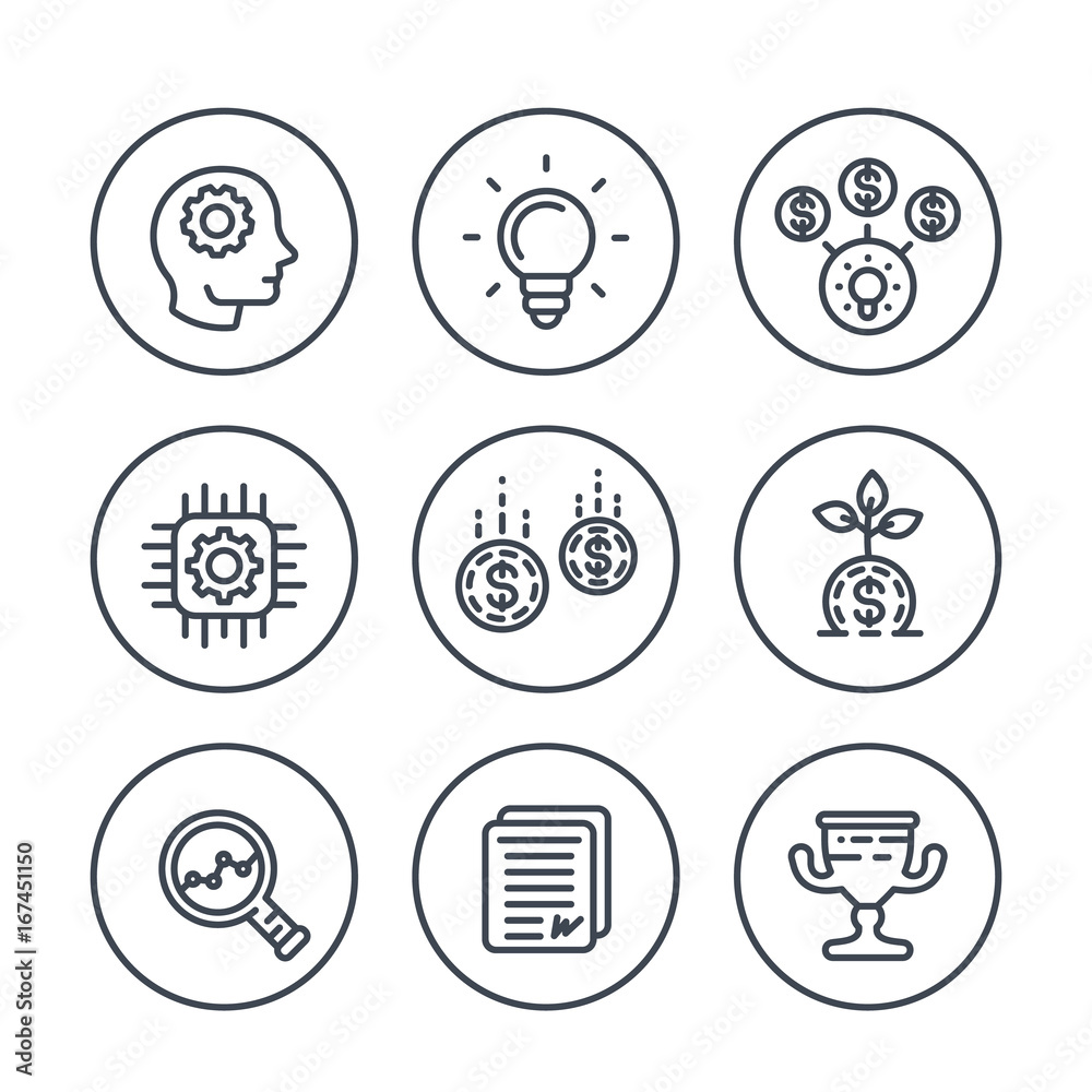 startup line icons on white, creative process, idea, initial capital, funding, innovation, ipo, growth, analytics