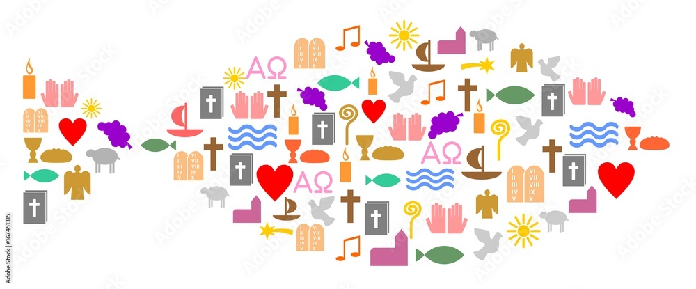Bunte christliche Symbole bilden einen Fisch Bunte christliche Symbole bilden einen Fisch