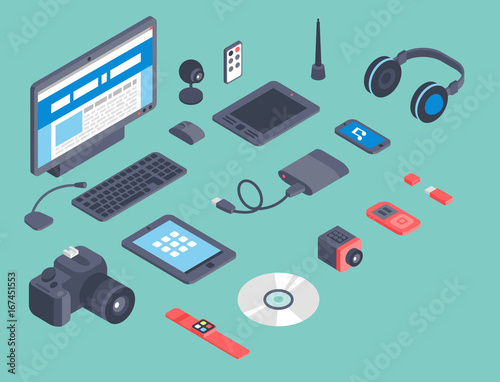 Vector set of isometric computer devices icons wireless technologies mobile communication 3d illustration