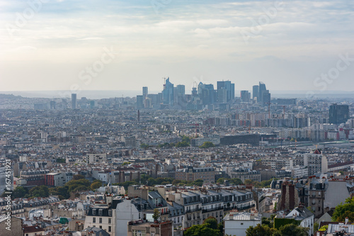 La defense business district in the haze aerial view in Paris, France