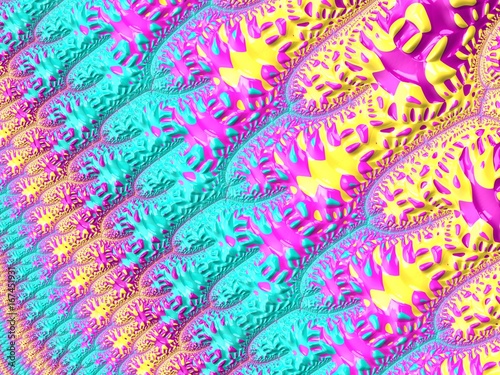 Fun abstraction  Happy Monster . Very bright Fractal. The mathematical algorithm formula  created in 3D. Consists of three colors of pink  yellow and blue. Render illustration high resolution
