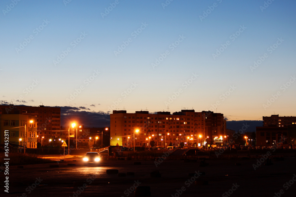 View of the evening city and autodrome of Gatchina just after sunset. Russia