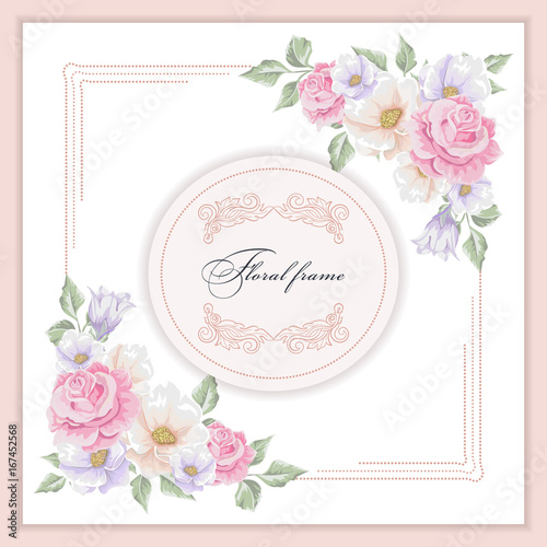 Greeting card with bouquet flowers for wedding, birthday and other holidays. Vector floral angle.
