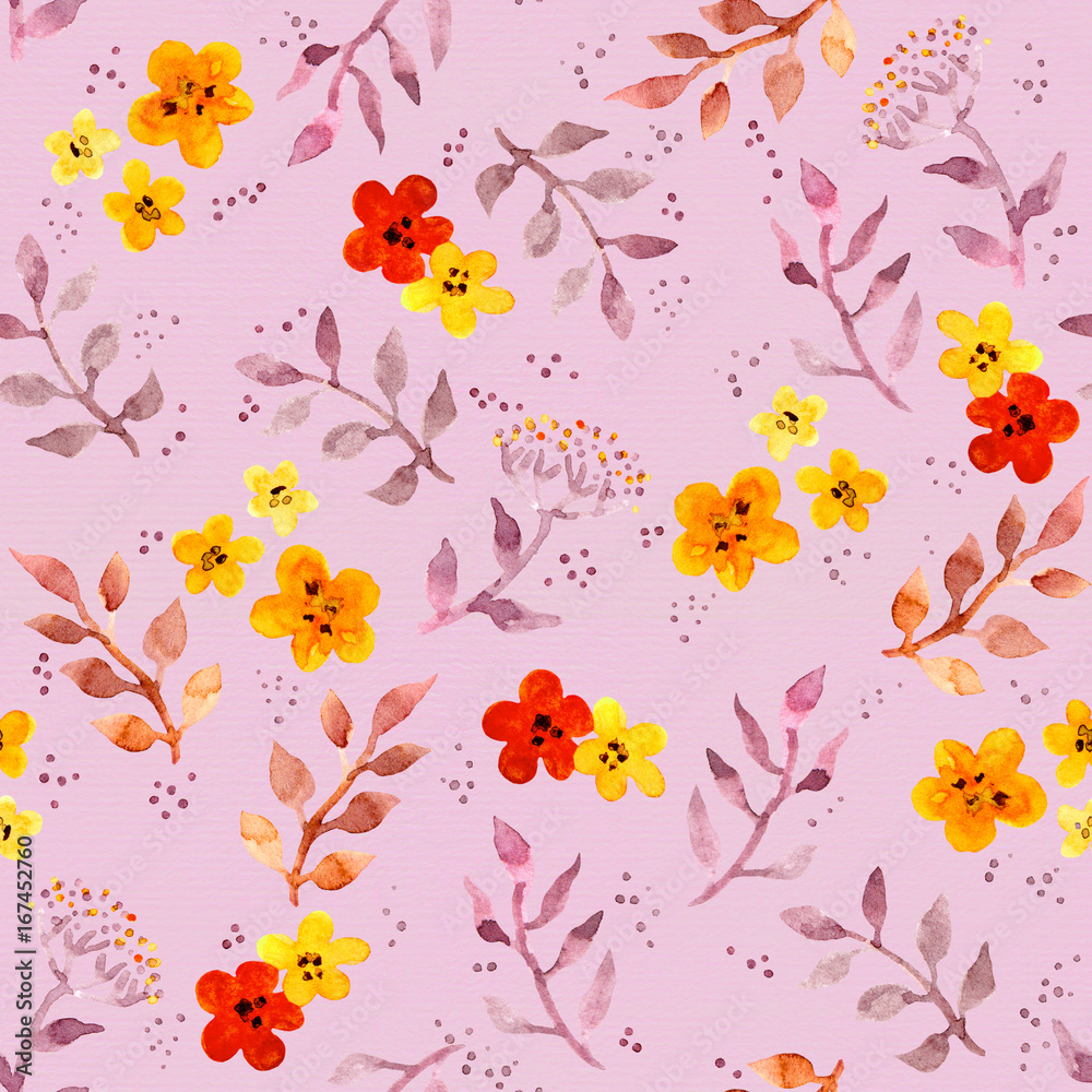 Seamless cute floral pattern with ditsy naive flowers and leaves. Watercolour