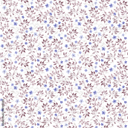 Seamless floral background with cute blue flowers, leaves. Watercolor hand painted art