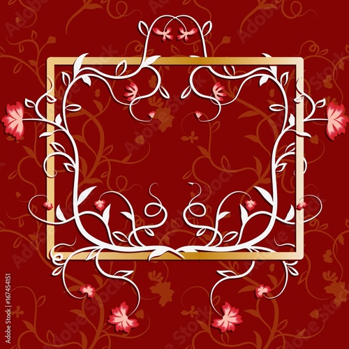 Frame overgrown with flowers and vines. Richly decorated with congratulatory background.