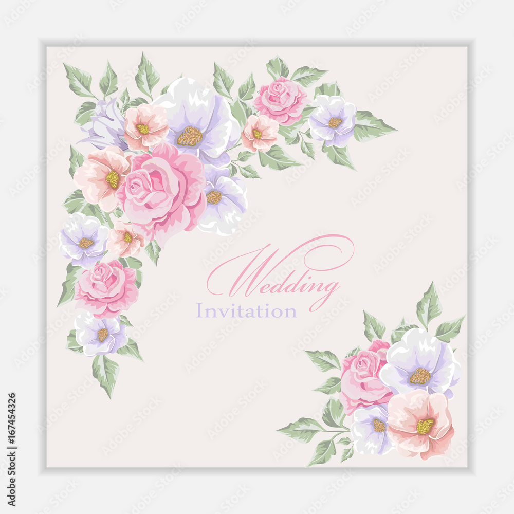 Greeting card with bouquet flowers for wedding, birthday and other holidays. Floral  frame 