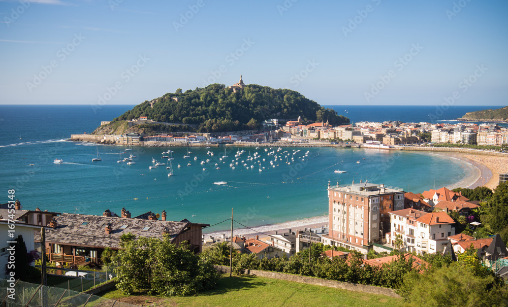 view on beautiful scenic Concha Bay in summertime in Donostia - San Sebastian, Basque country, spain