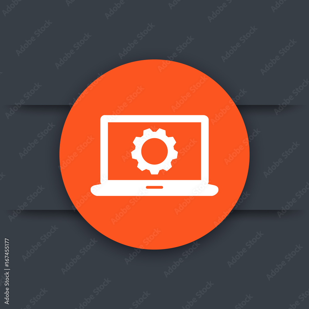 laptop and gear round flat icon, vector illustration laptop and gear round flat icon, vector illustration