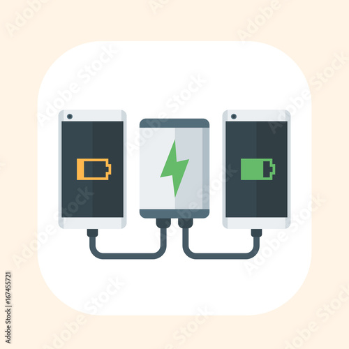 power bank charging two smartphones flat icon, portable charger on white