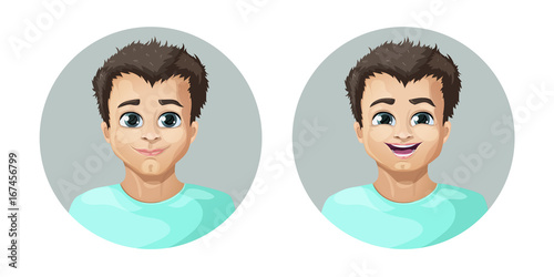 Fototapeta Naklejka Na Ścianę i Meble -  cartoon image of a set of guy with brown hair expressing various facial emotions: joy and happiness