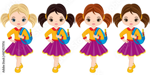 Vector Cute Little Girls with School Bags
