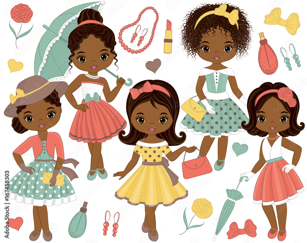 Fototapeta Vector Set with Cute Little African American Girls in Retro Style