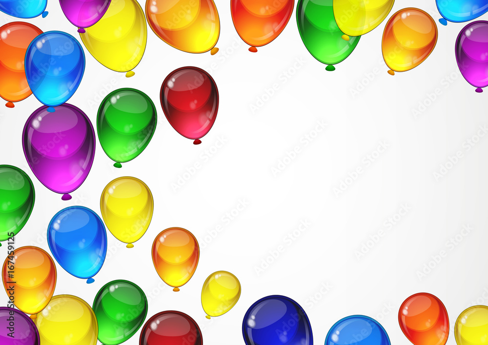 Colorful festive balloons on a white background for celebration, holiday, birthday party card with space for you text. A4 layout.
