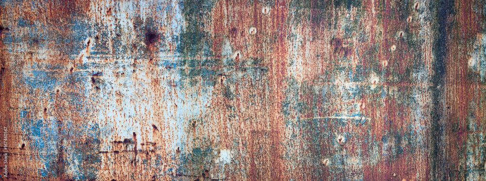 Rusty metal sheet background, rust with peeling multicolored paint - obrazy, fototapety, plakaty 