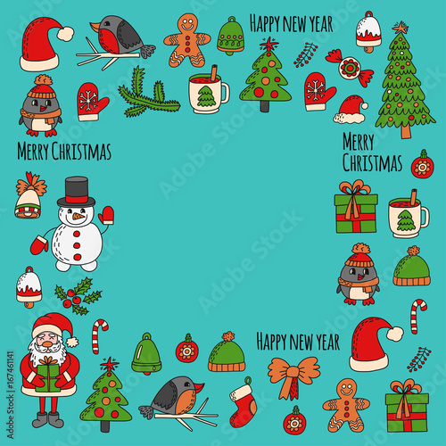 Christmas New year Santa Claus Doodle vector icons Presents Birds Christmas tree Candy Christmas bell Snowflake