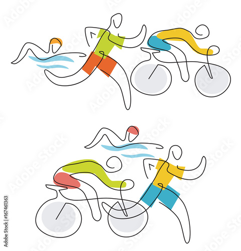 Triathlon race line art. Two illustration of triathlon athletes, line art stylized. Vector available.