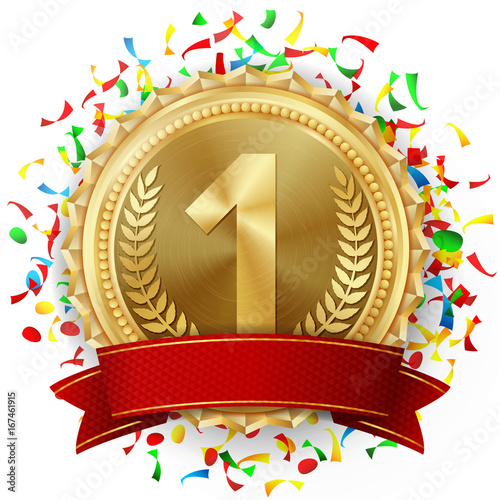 Gold Medal Vector. Golden 1st Place. Competition Challenge Award. Falling Bright Confetti. Red Ribbon. Isolated. Olive Branch. Realistic illustration.